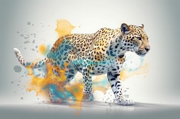 Schilderij van luipaard met een plons in de stijl van licht- en kleureffecten Genatieve AI