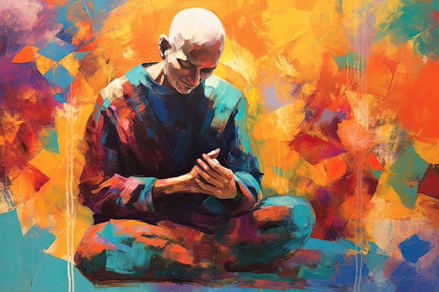Schilderij van oude man die geest en lichaam verjongt met yogapraktijk Modern ouder worden