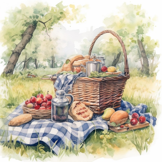 Schilderij van picknickmand met eten en picknickdeken in het bos generatieve ai