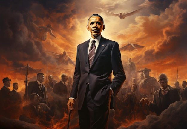 Schilderij van president Obama voor een menigte mensen