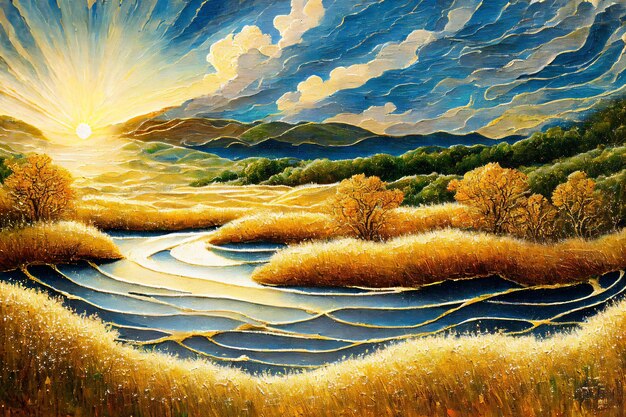 schilderij van rivier en tarweveld