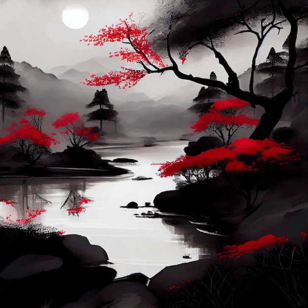 Schilderij van rode bomen en een rivier in de stijl van traditioneel Chinees landschap