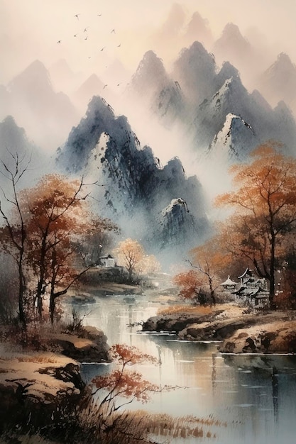 Schilderij van rode bomen en een rivier in de stijl van traditioneel Chinees landschap