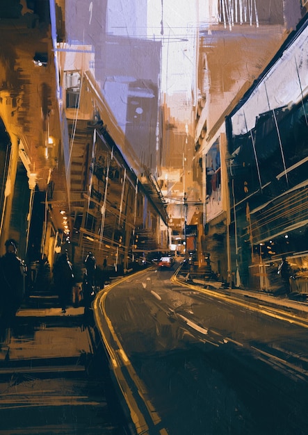 Foto schilderij van straat in moderne stedelijke stad 's avonds