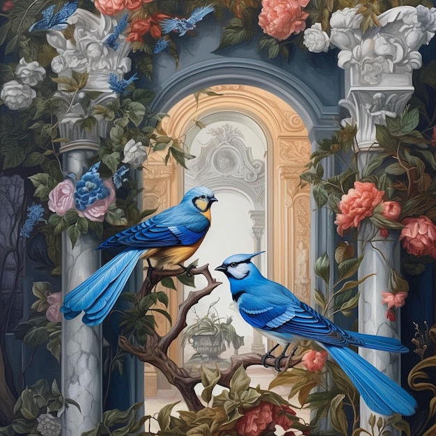 Schilderij van twee blauwe vogels zittend op een tak voor een raam generatieve ai