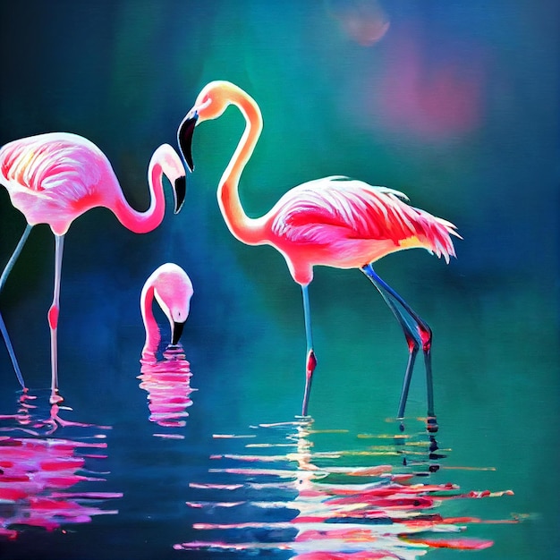 Schilderij van twee flamingo's die in het water staan met hun nekken die generatieve ai aanraken.