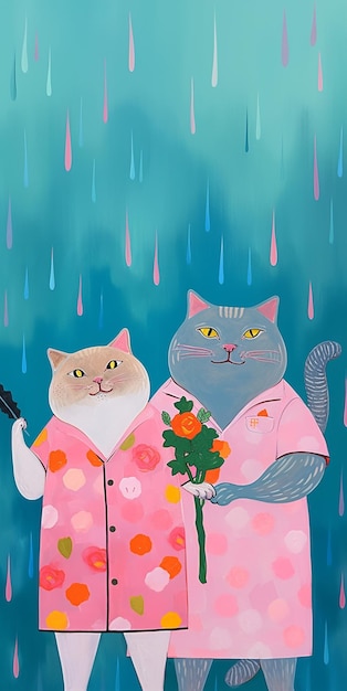 schilderij van twee katten in regenjassen met paraplu's in de regen generatieve ai