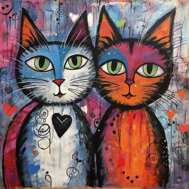 Schilderij van twee katten met hartjes op een kleurrijke achtergrond generatieve ai