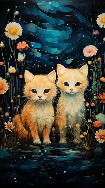 Schilderij van twee katten zittend op een rots in een bloemenveld generatieve ai
