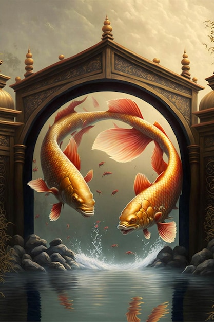 Schilderij van twee vissen die uit het water springen generatieve ai