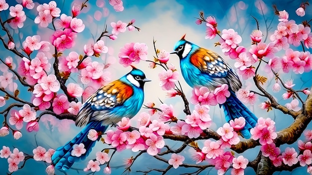 Schilderij van twee vogels die op een tak van een bloeiende boom zitten