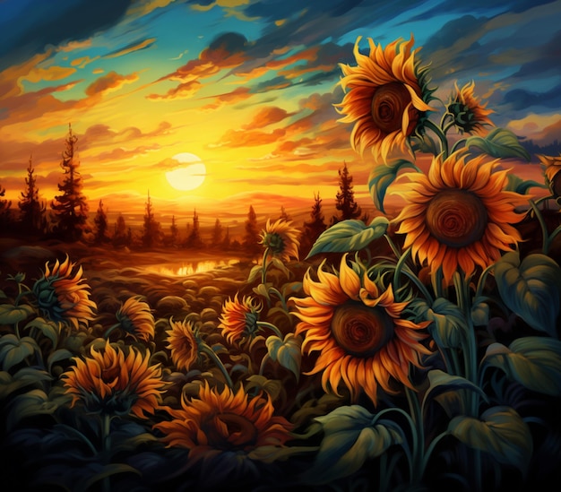 schilderij van zonnebloemen in een veld met een zonsondergang op de achtergrond generatieve ai
