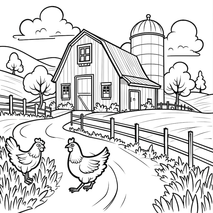 Foto schilderijen van boerderij met kippen