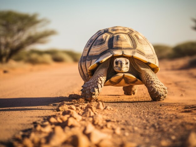 Foto schildpad die de woestijnweg oversteekt.