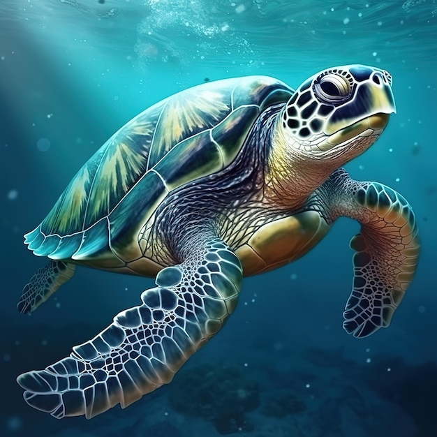 schildpad die op de blauwe zee zwemt