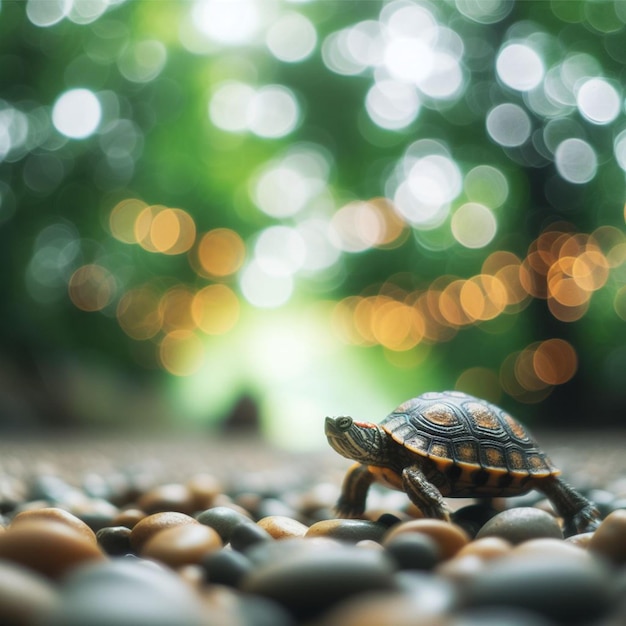 Schildpad die op kleine kiezels loopt