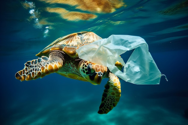 Schildpad gevangen in plastic afval dat in de onderwaterfotografie van de Noordelijke Stille Oceaan drijft