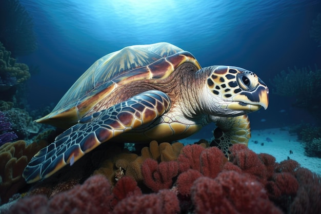 Schildpad illustratie onder de zee koralen en riffen mariene leven concept Generatieve AI