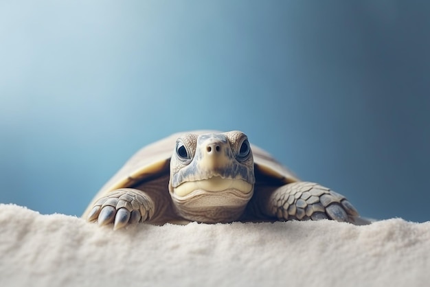 Schildpad kijkt verbaasd door een gat in het papier op een pastelblauwe achtergrond met kopieerruimte