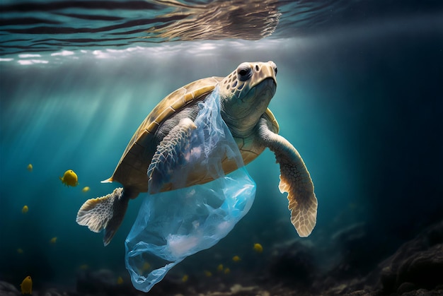 Schildpad met een plastic zak Oceaan plastic vervuiling concept Generatieve AI