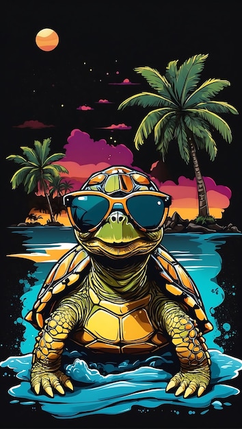 Schildpad met zonnebril Beach Scene Eenvoudig Vector Sticker Design