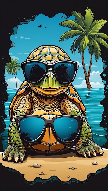 Schildpad met zonnebril Beach Scene Eenvoudig Vector Sticker Design