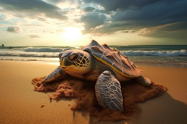 Schildpad op de strandzee op de achtergrond