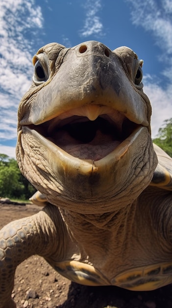 Schildpad raakt de camera aan om een selfie te maken Grappige selfie portret van een dier