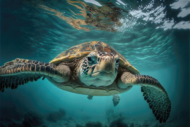Schildpad zweeft boven het water