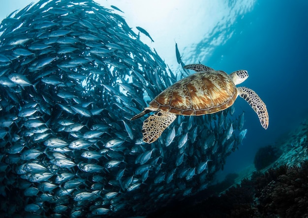 Schildpad zwemt bij een school vissen onder zee