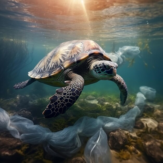 Schildpad zwemt in de buurt van een plastic zak Plasticvervuiling in de oceaan Generatieve AI