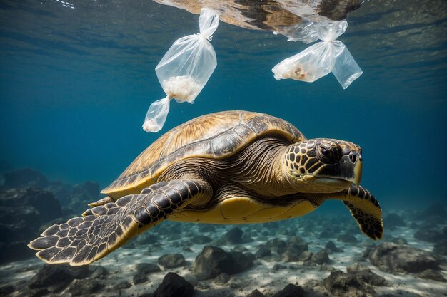 Schildpadden kunnen plastic zakken consumeren Concept vervuiling in de oceaan Een belangrijk milieukwestie