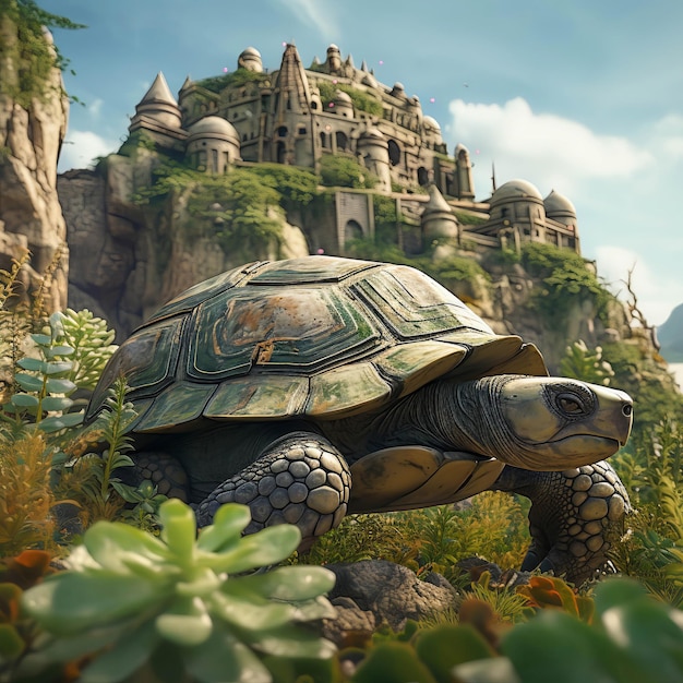 Schildpadden van het eiland Pinta dwalen door oude ruïnes die overgroeid zijn met futuristische flora