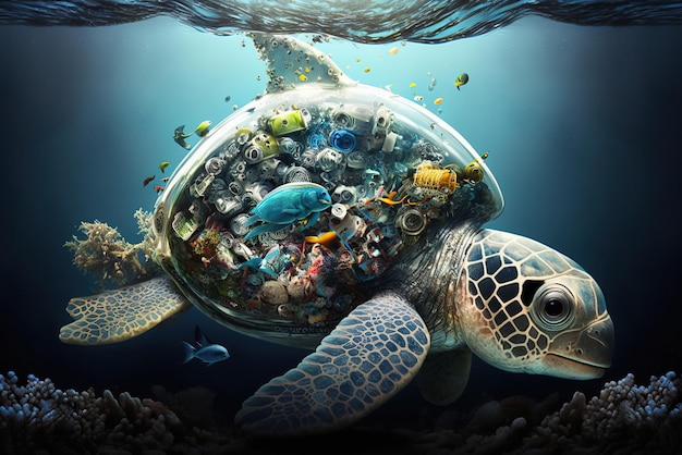 Schildpadschild gemaakt van plastic afval dat oceaanvervuiling vertegenwoordigt Generatieve AI