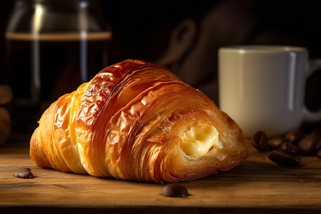 Schilferige croissant met boterachtige laagjes en koffie