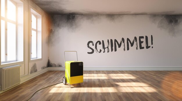 Schimmel (German for: Mould in a room) with Professional dehumidifier after water damage standing in a room with a lot of Mould