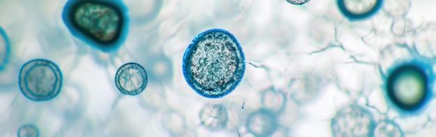 Schimmelcellen in het menselijk lichaam Microscopische weergave van menselijke cellen onder de microscoop Banner