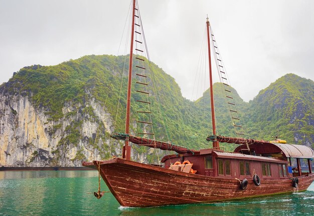 Schip in Ha Long Bay van Vietnam, Azië. Kalkstenen eilanden op de achtergrond