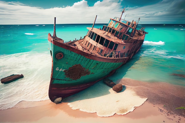 Schip liep aan de grond op een verlaten strand en omgeven door turquoise wateren