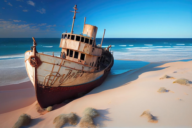 Schip liep vast op zandstrand met op de achtergrond het helderblauwe water