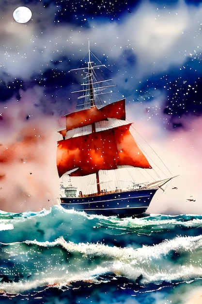 Schip met dieprode zeilen op zee storm avond sterrenhemel maan aquarel