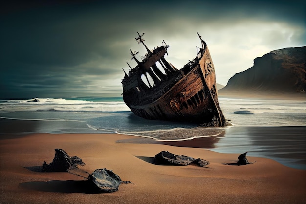 Schipbreuk op een zandstrand met golven die breken op de kust