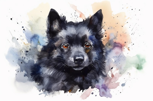 Schipperke의 사랑스러운 강아지 수채화 그림에는 모든 개 품종의 색 반점이 있습니다.