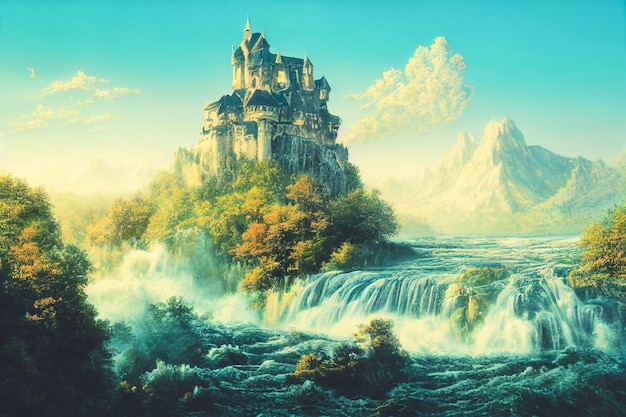 Schitterend kasteel in digitale kunst 3D illustratie van fantasiekasteel op waterval