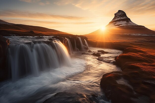 Schitterend landschap met een zonsopgang op Kirkjufellsfoss