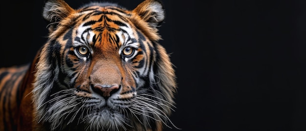 Schitterend panoramisch banner met panthera tigris en leeg kopieerruimte tijgerportret geïsoleerd op zwarte achtergrond