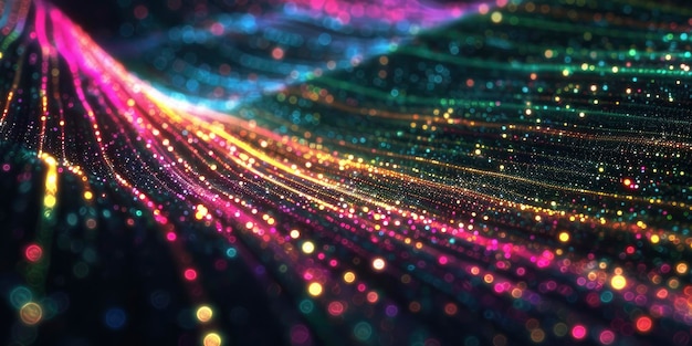 Foto schitterende abstracte veelkleurige spectrale lijnen van licht als gegevensstroom concept donkere achtergrond