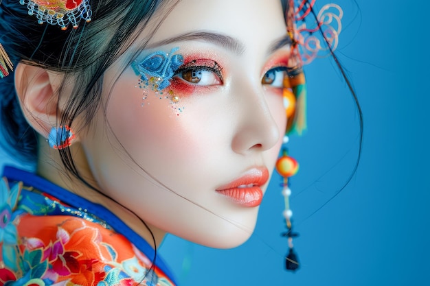 Schitterende Aziatische vrouw met kleurrijke make-up en traditionele kleding op blauwe achtergrond Schoonheid