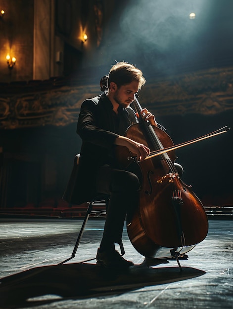 Schitterende beelden van een mannelijke cellist die een solo uitvoert op een leeg historisch podium met krachtige verlichting die zich voorbereidt op een grote voorstelling met een ensemble