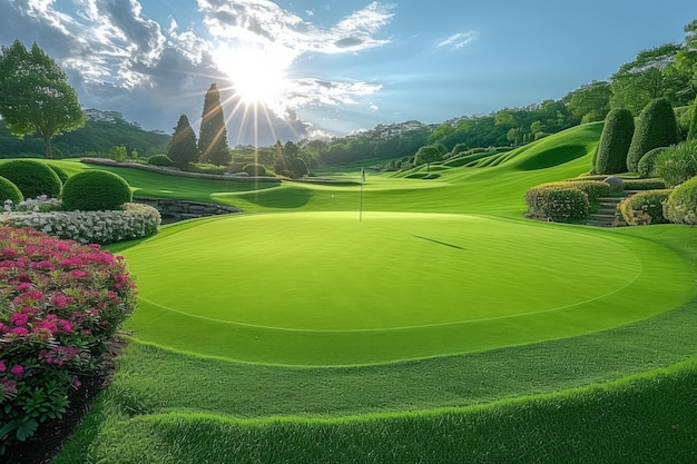 Schitterende golfbaan met weelderig groen en een enkele vlag